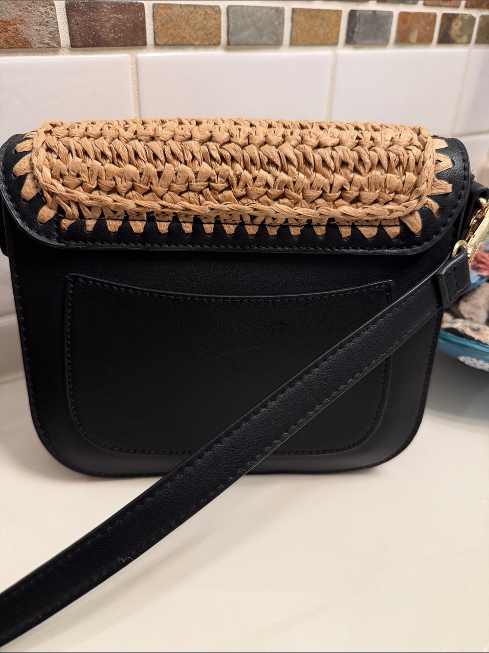 Moda Luxe Tan Woven Crossbody with Black Trim - Picture 2 of 7